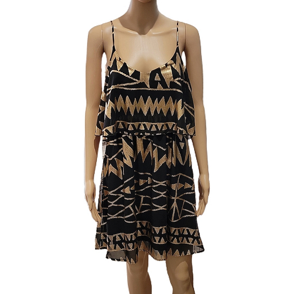 Francesca's Black and Gold Geo Print Backless Tiered Dress Medium